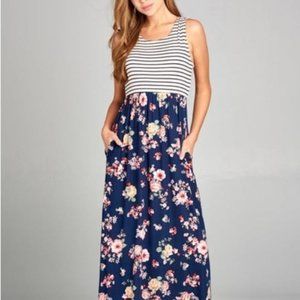 Mixed Media Floral Stripe Sleeveless Maxi Dress